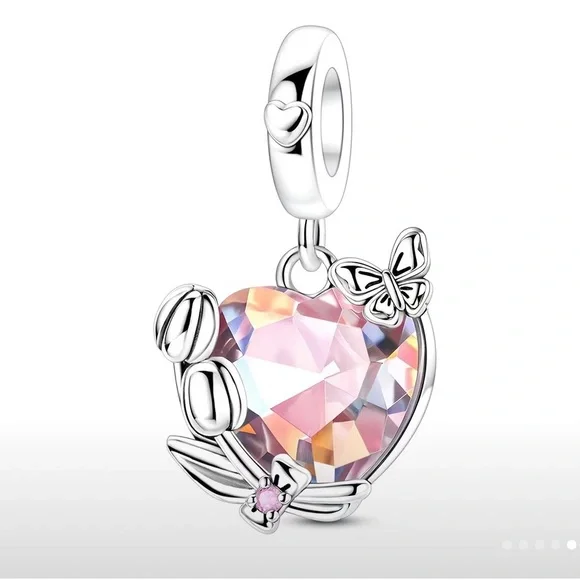 MULA Silver Heart Charm with Crystal Accents and Tulips and Butterflies - Picture 7 of 8